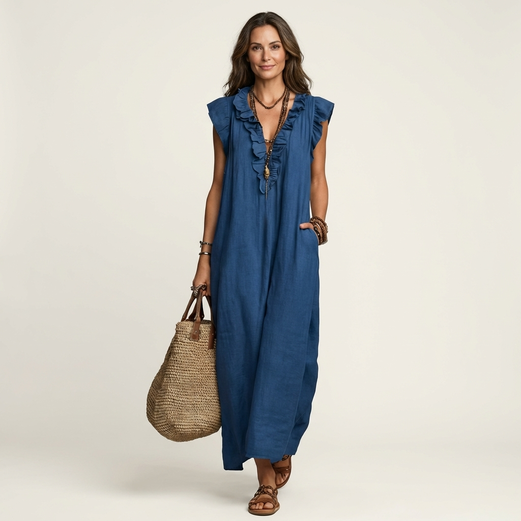 Josette Ruffle-V-Neck Linen Maxi Dress - Flowy, Effortless Style