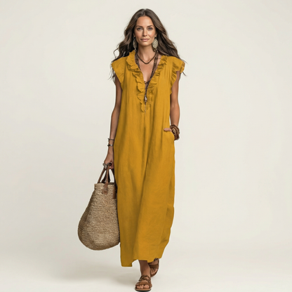 Josette Ruffle-V-Neck Linen Maxi Dress - Flowy, Effortless Style