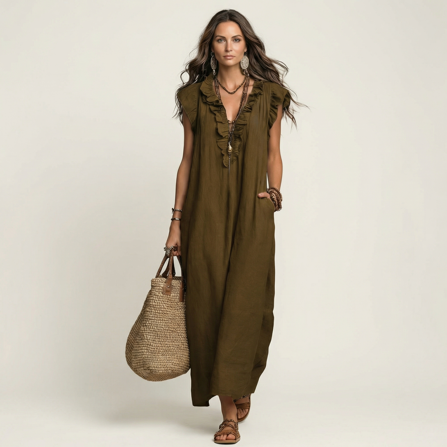 Josette Ruffle-V-Neck Linen Maxi Dress - Flowy, Effortless Style