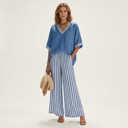 Juliana V-Neck Varsity Top & Stripe-Wide-Leg Pants Set