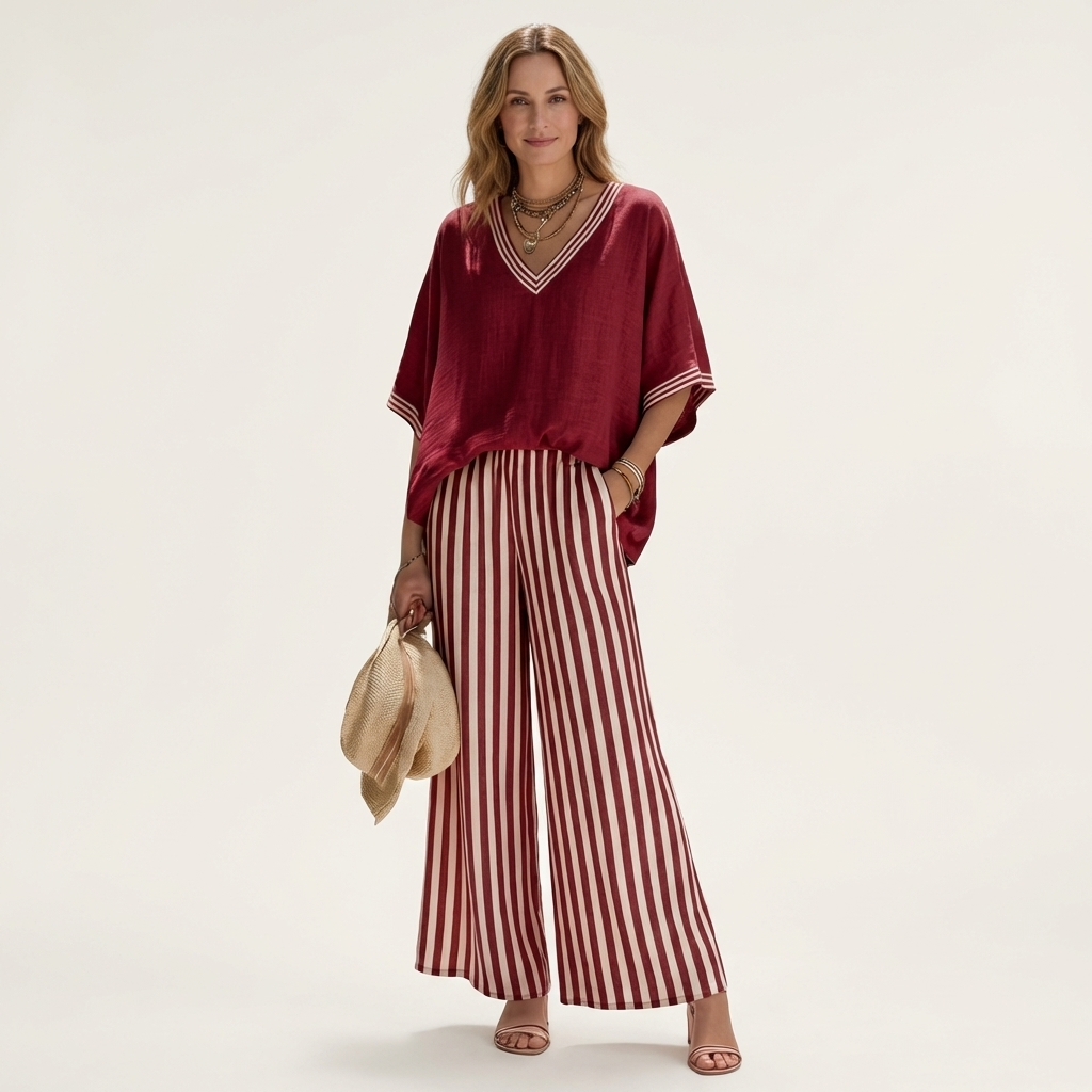 Juliana V-Neck Varsity Top & Stripe-Wide-Leg Pants Set