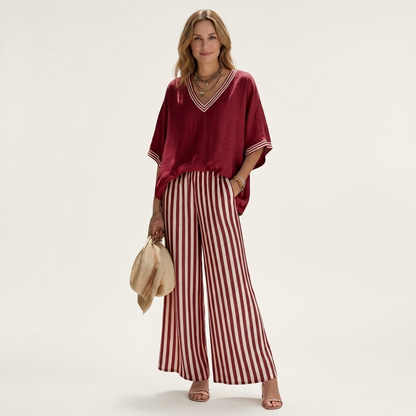 Juliana V-Neck Varsity Top & Stripe-Wide-Leg Pants Set