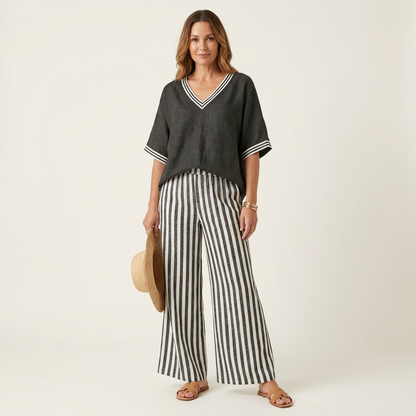 Juliana V-Neck Varsity Top & Stripe-Wide-Leg Pants Set
