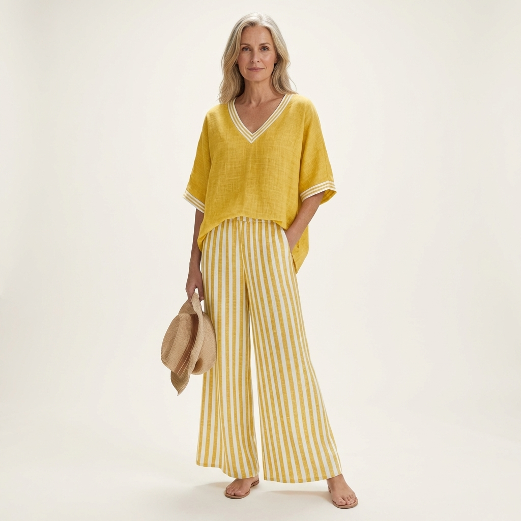 Juliana V-Neck Varsity Top & Stripe-Wide-Leg Pants Set