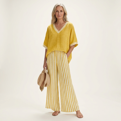 Juliana V-Neck Varsity Top & Stripe-Wide-Leg Pants Set
