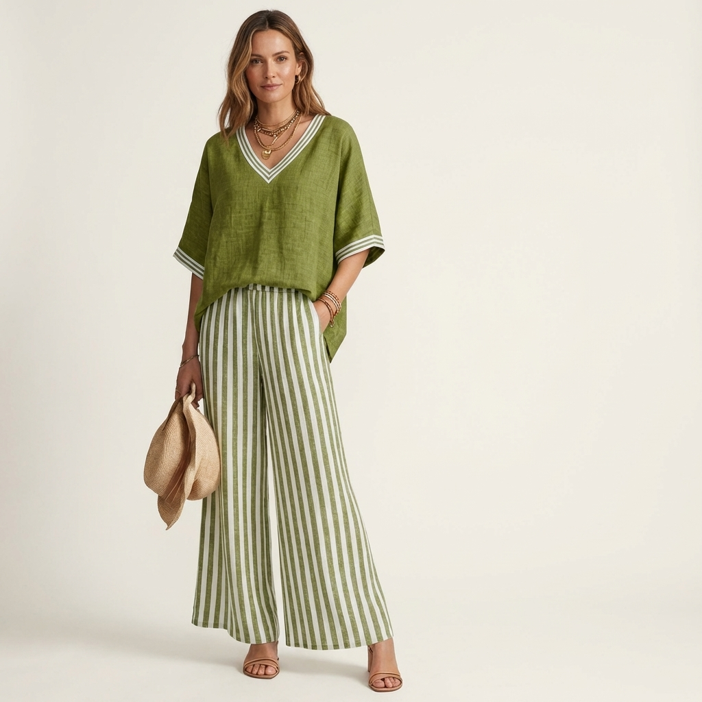 Juliana V-Neck Varsity Top & Stripe-Wide-Leg Pants Set