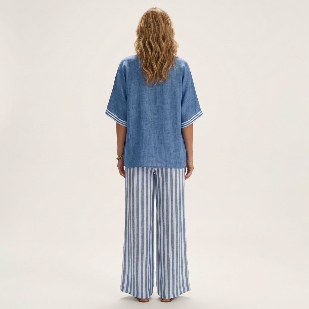 Juliana V-Neck Varsity Top & Stripe-Wide-Leg Pants Set