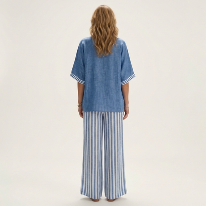 Juliana V-Neck Varsity Top & Stripe-Wide-Leg Pants Set