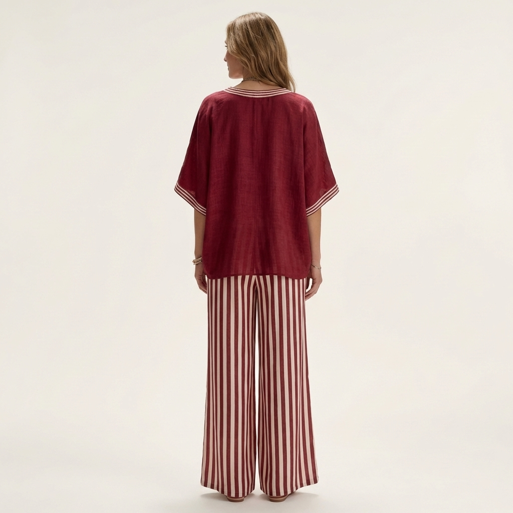 Juliana V-Neck Varsity Top & Stripe-Wide-Leg Pants Set