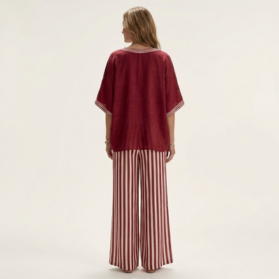 Juliana V-Neck Varsity Top & Stripe-Wide-Leg Pants Set