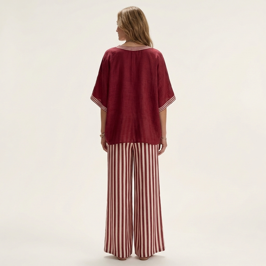 Juliana V-Neck Varsity Top & Stripe-Wide-Leg Pants Set