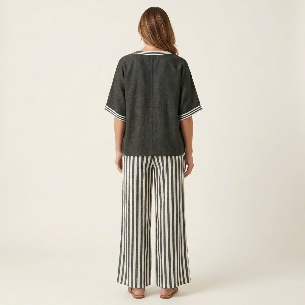 Juliana V-Neck Varsity Top & Stripe-Wide-Leg Pants Set