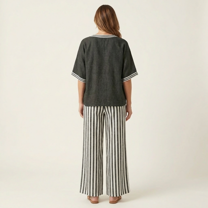 Juliana V-Neck Varsity Top & Stripe-Wide-Leg Pants Set