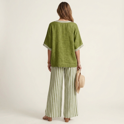 Juliana V-Neck Varsity Top & Stripe-Wide-Leg Pants Set