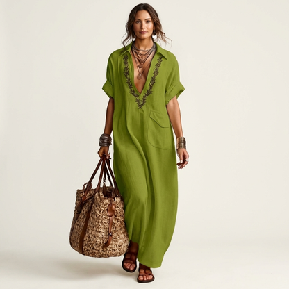 Amarina Embroidered Linen Maxi Dress with V-Neck Collar
