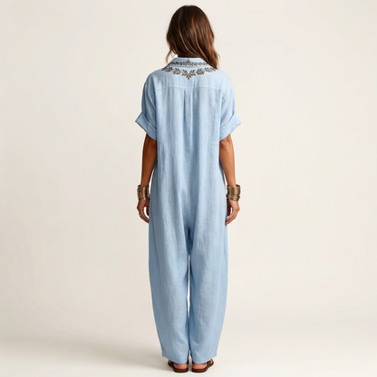Amarina Embroidered Linen Maxi Dress with V-Neck Collar