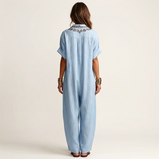 Amarina Embroidered Linen Maxi Dress with V-Neck Collar