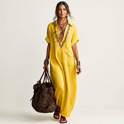Amarina Embroidered Linen Maxi Dress with V-Neck Collar