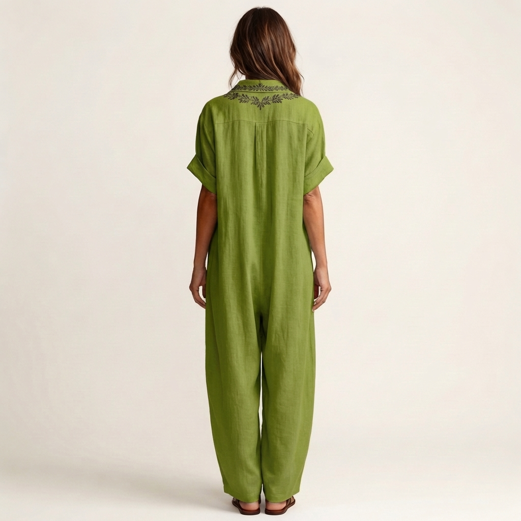 Amarina Embroidered Linen Maxi Dress with V-Neck Collar