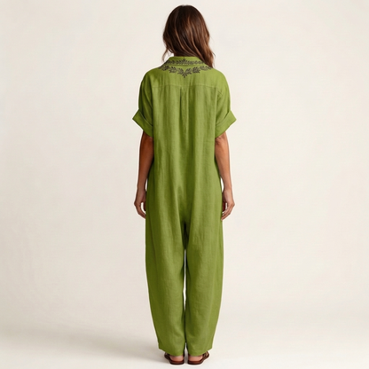 Amarina Embroidered Linen Maxi Dress with V-Neck Collar
