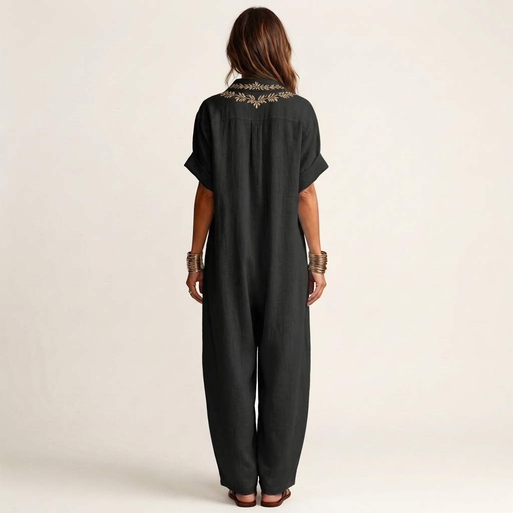 Amarina Embroidered Linen Maxi Dress with V-Neck Collar