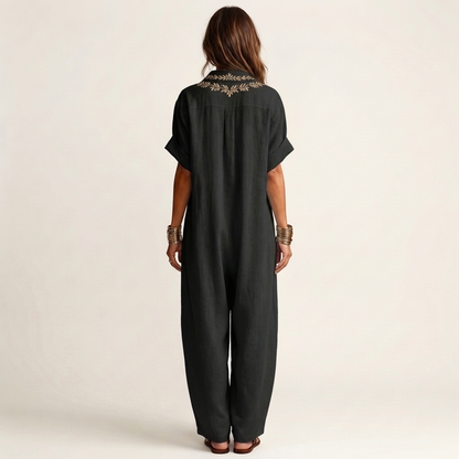 Amarina Embroidered Linen Maxi Dress with V-Neck Collar