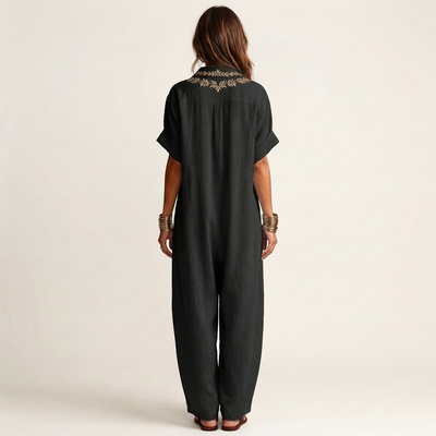 Amarina Embroidered Linen Maxi Dress with V-Neck Collar
