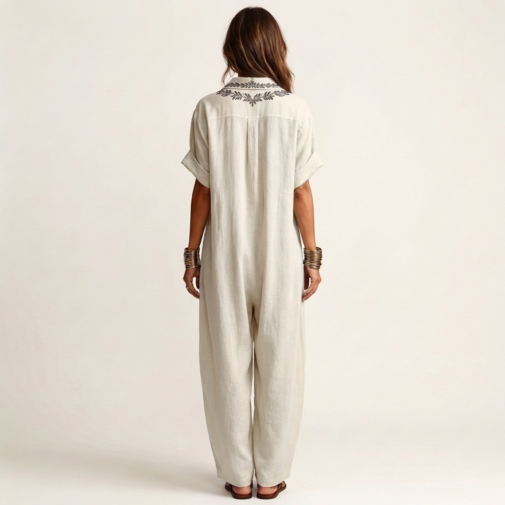 Amarina Embroidered Linen Maxi Dress with V-Neck Collar