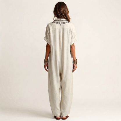 Amarina Embroidered Linen Maxi Dress with V-Neck Collar