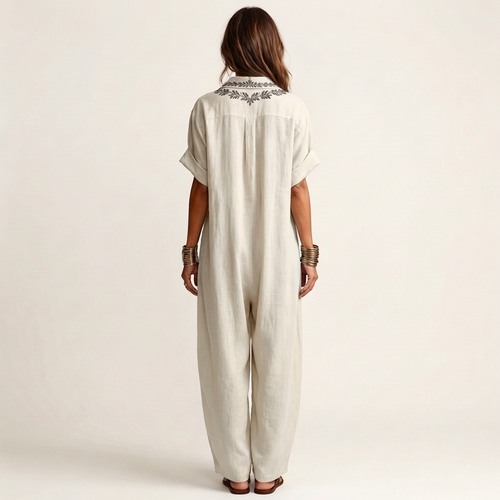 Amarina Embroidered Linen Maxi Dress with V-Neck Collar