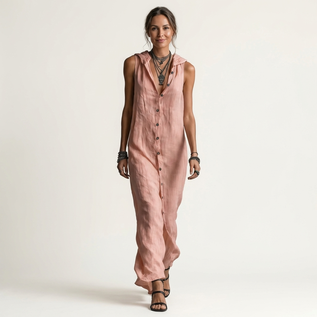 Mirabell Hooded Linen Maxi Dress with Button-Front, Sleeveless