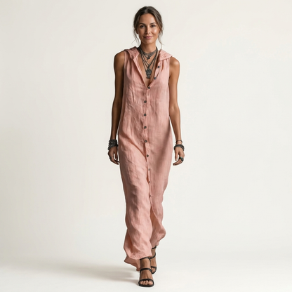 Mirabell Hooded Linen Maxi Dress with Button-Front, Sleeveless