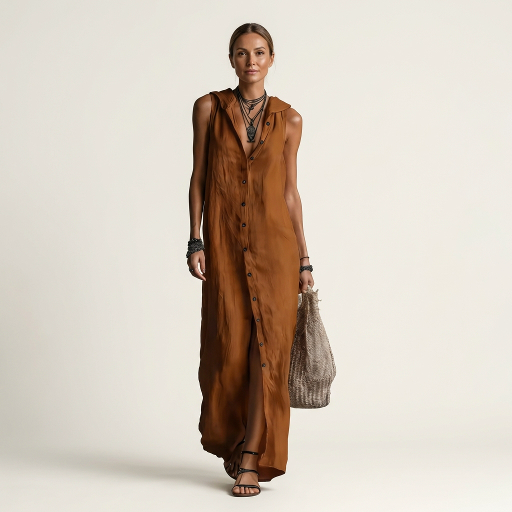 Mirabell Hooded Linen Maxi Dress with Button-Front, Sleeveless