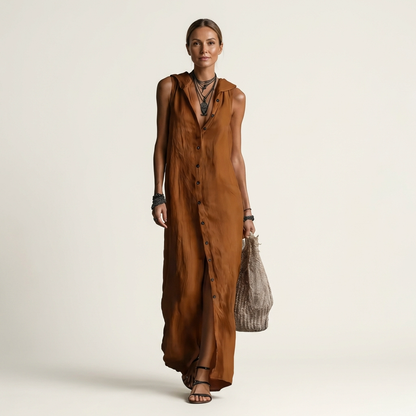 Mirabell Hooded Linen Maxi Dress with Button-Front, Sleeveless