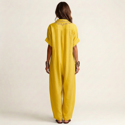 Amarina Embroidered Linen Maxi Dress with V-Neck Collar