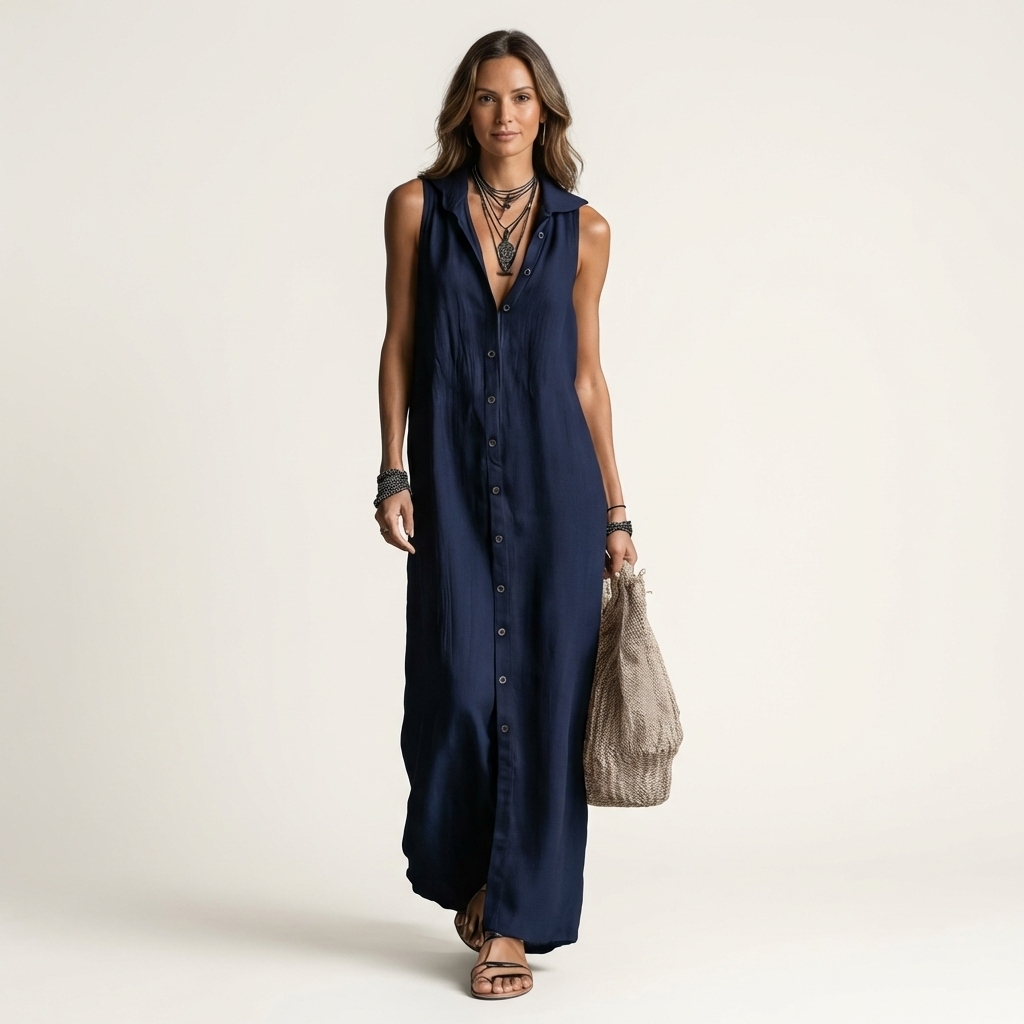 Mirabell Hooded Linen Maxi Dress with Button-Front, Sleeveless
