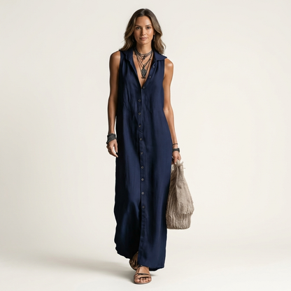 Mirabell Hooded Linen Maxi Dress with Button-Front, Sleeveless