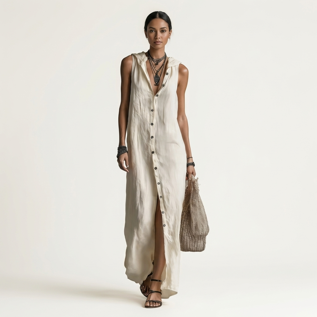 Mirabell Hooded Linen Maxi Dress with Button-Front, Sleeveless