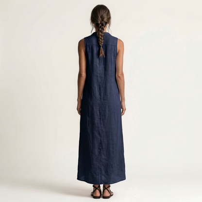 Mirabell Hooded Linen Maxi Dress with Button-Front, Sleeveless