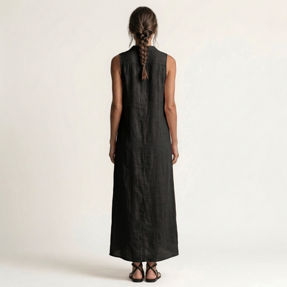 Mirabell Hooded Linen Maxi Dress with Button-Front, Sleeveless