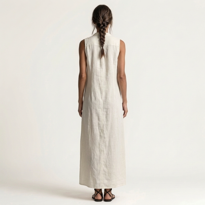 Mirabell Hooded Linen Maxi Dress with Button-Front, Sleeveless