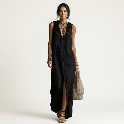 Mirabell Hooded Linen Maxi Dress with Button-Front, Sleeveless