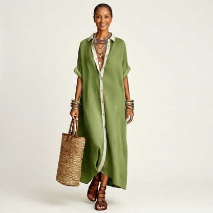 Kamira Contrast-Collar Maxi Shirt Dress with Button-Front and Short Sleeves