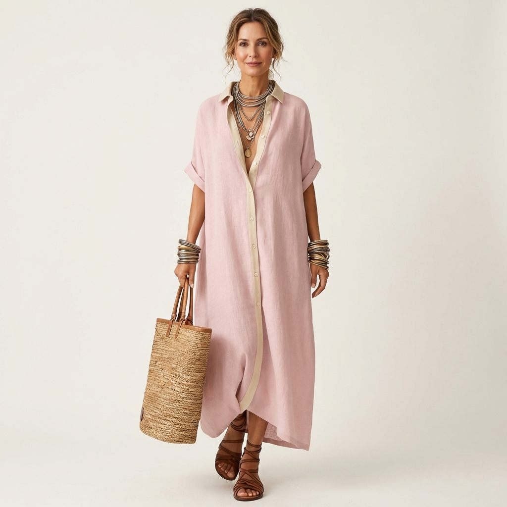 Kamira Contrast-Collar Maxi Shirt Dress with Button-Front and Short Sleeves