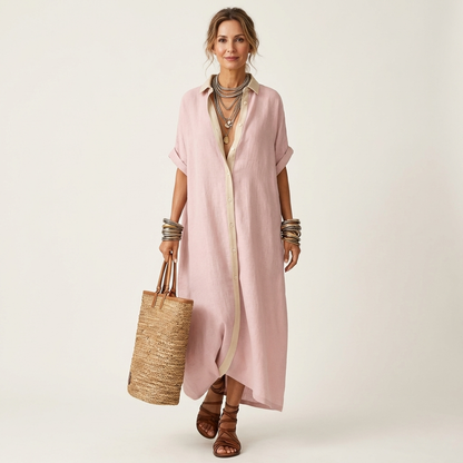 Kamira Contrast-Collar Maxi Shirt Dress with Button-Front and Short Sleeves