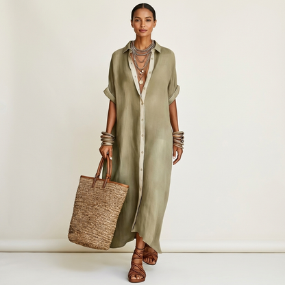 Kamira Contrast-Collar Maxi Shirt Dress with Button-Front and Short Sleeves