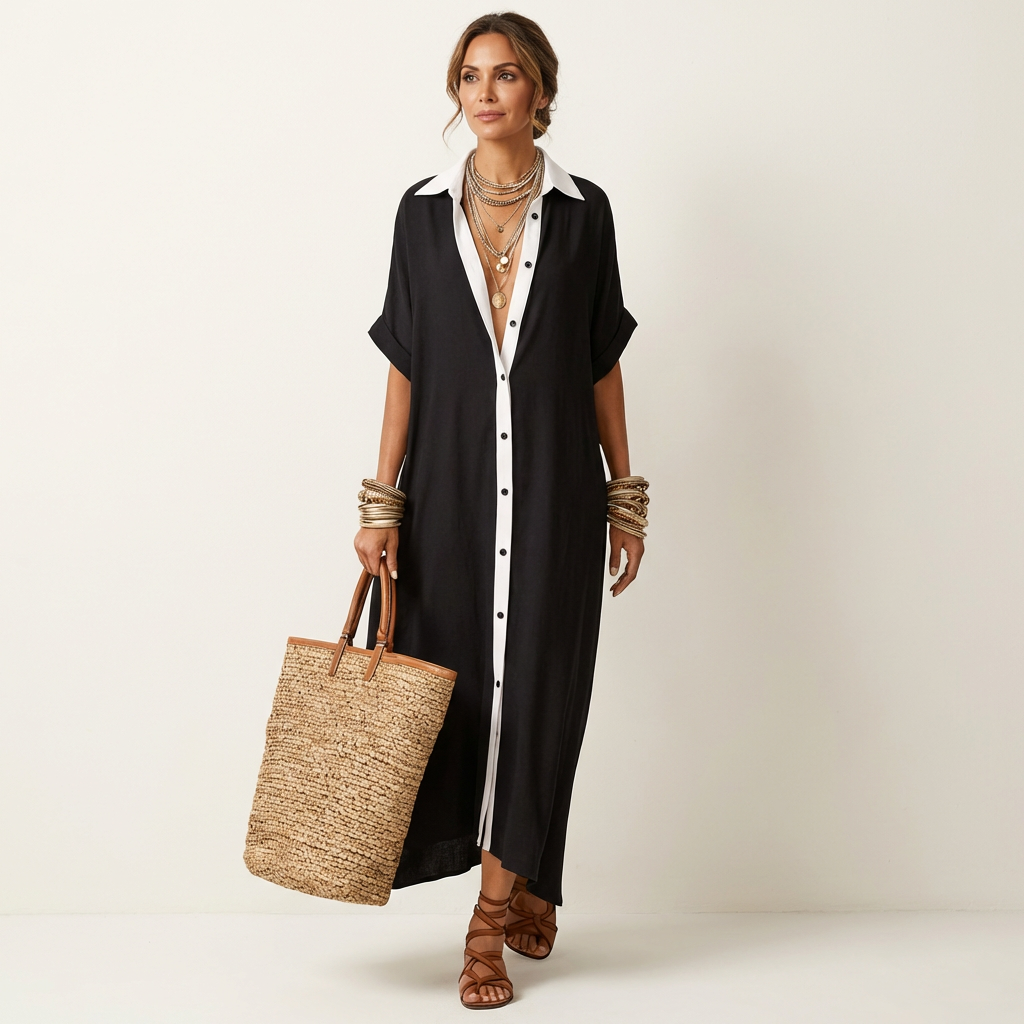 Kamira Contrast-Collar Maxi Shirt Dress with Button-Front and Short Sleeves