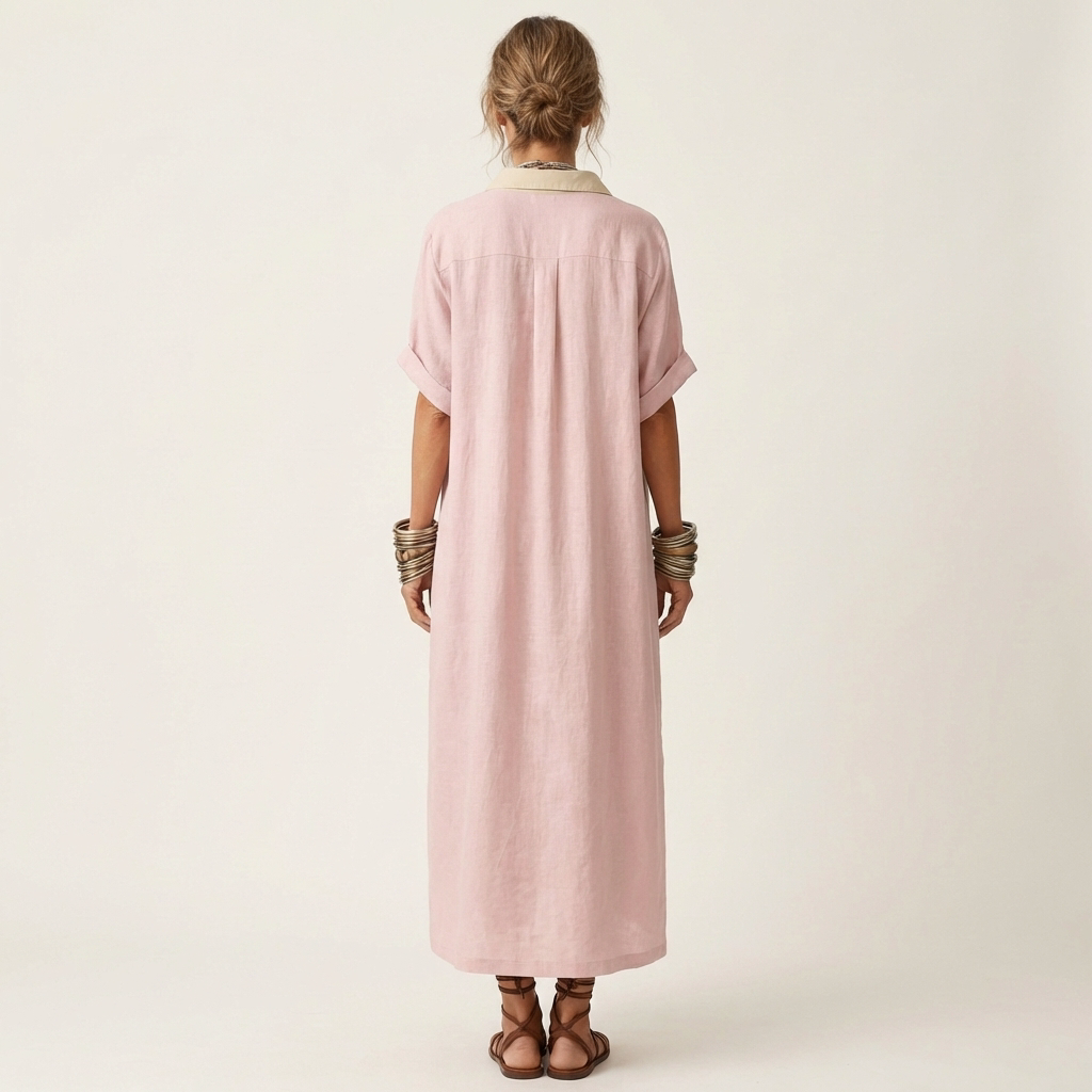 Kamira Contrast-Collar Maxi Shirt Dress with Button-Front and Short Sleeves