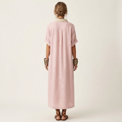 Kamira Contrast-Collar Maxi Shirt Dress with Button-Front and Short Sleeves