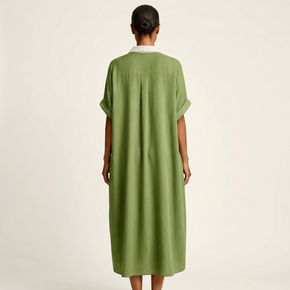 Kamira Contrast-Collar Maxi Shirt Dress with Button-Front and Short Sleeves